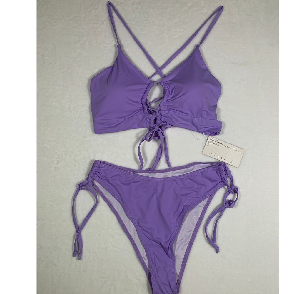 NWT CHYPII Purple Solid Tie Front Tie Back Bikini Set Size XL